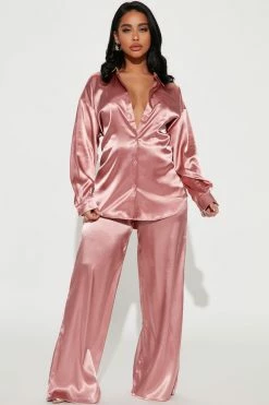 Fashion Nova Serenity Satin Pant Set - Mauve Wide Leg Sets