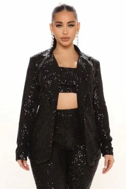 Fashion Nova Everleigh 3 Piece Sequin Blazer Legging Set - Black Legging Sets