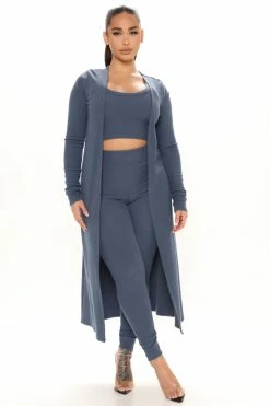 Fashion Nova Legging Sets Movin' On Ribbed 3 Piece Legging Set - Denim