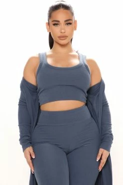 Fashion Nova Legging Sets Movin' On Ribbed 3 Piece Legging Set - Denim