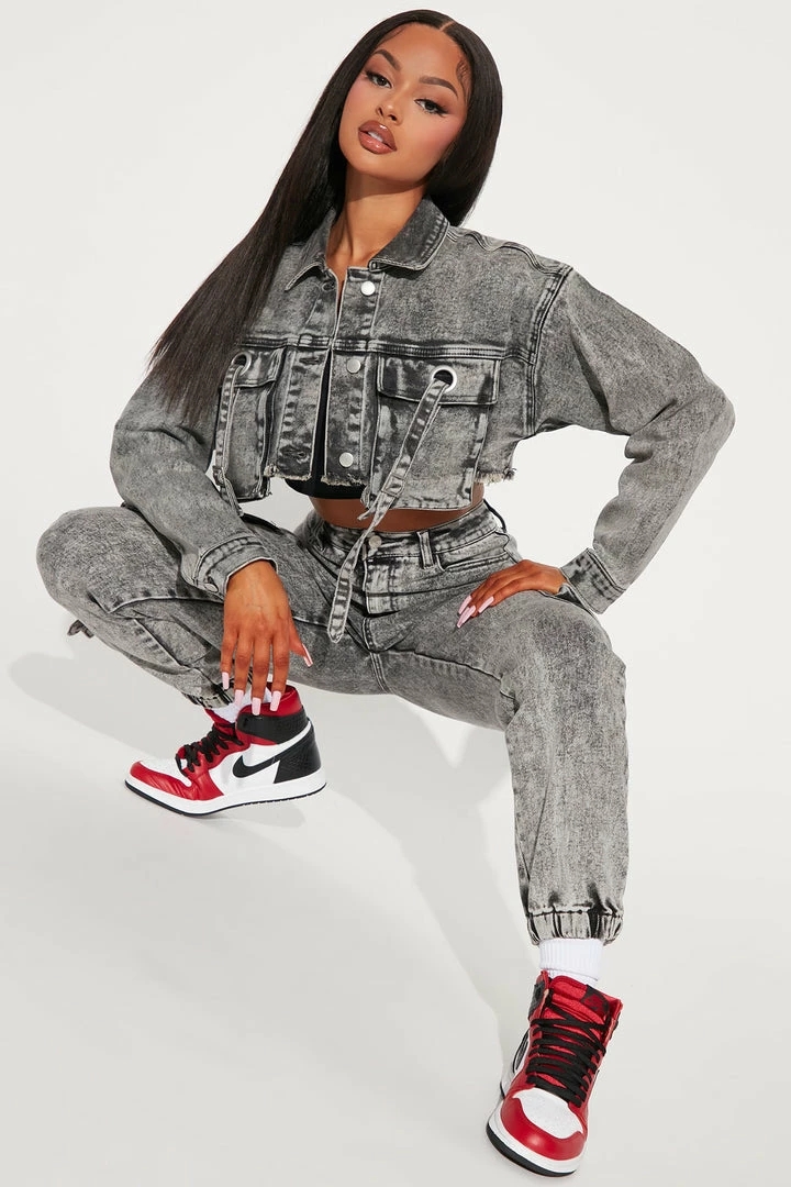 Fashion Nova Matching Separates What A Sight Cargo Denim Trucker Jacket - Acid Wash Grey