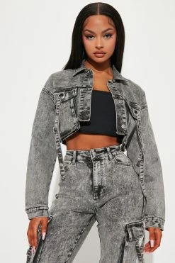 Fashion Nova Matching Separates What A Sight Cargo Denim Trucker Jacket - Acid Wash Grey