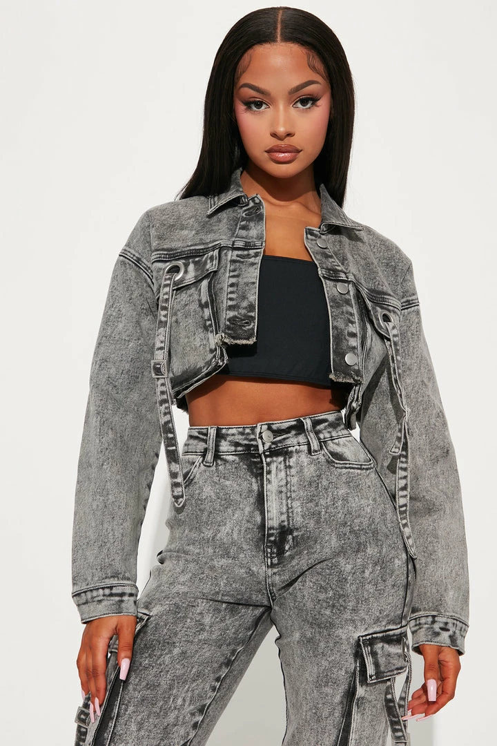 Fashion Nova Matching Separates What A Sight Cargo Denim Trucker Jacket - Acid Wash Grey