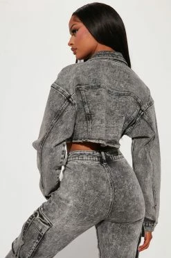Fashion Nova Matching Separates What A Sight Cargo Denim Trucker Jacket - Acid Wash Grey