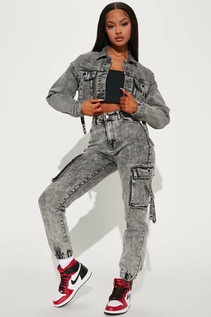 Fashion Nova Matching Separates What A Sight Cargo Denim Joggers - Acid Wash Grey