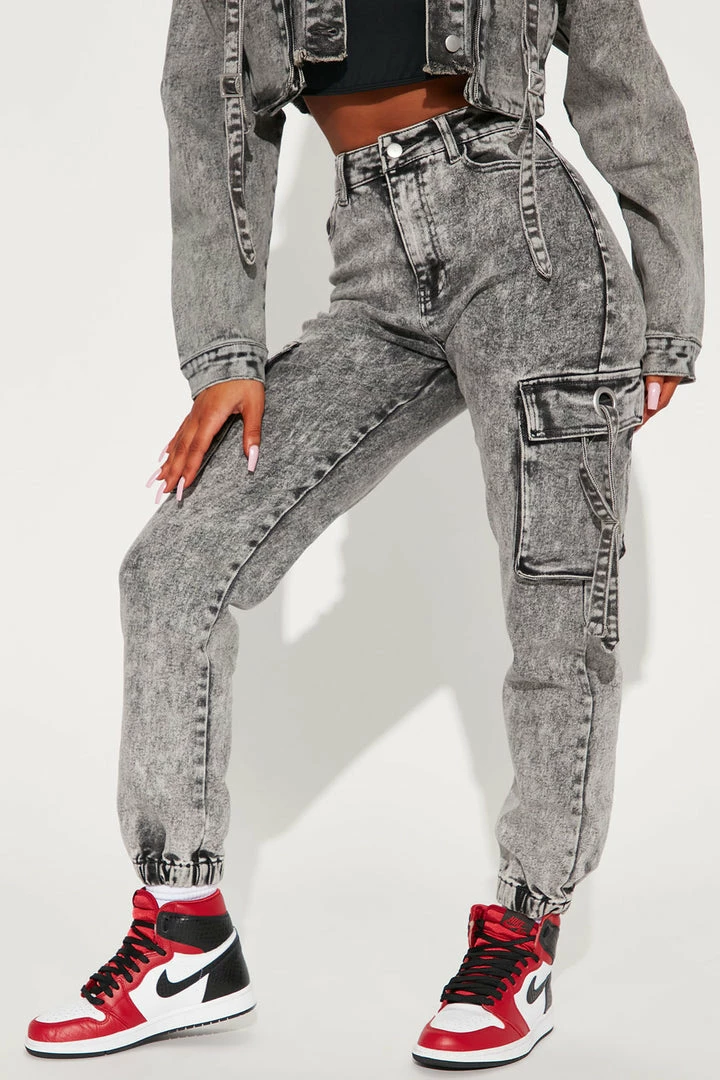 Fashion Nova Matching Separates What A Sight Cargo Denim Joggers - Acid Wash Grey