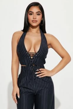 Fashion Nova Wide Leg Sets Penny Pinstripe Pant Set - Navy