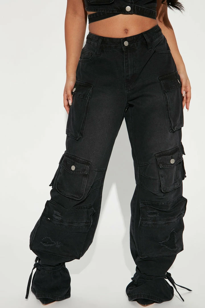 Fashion Nova Billie Ripped Ankle Tie Cargo Jeans - Black