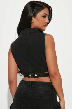 Fashion Nova Billie Cargo Cropped Denim Vest - Black