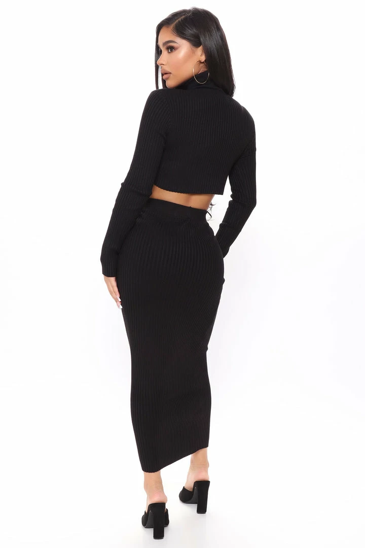 Fashion Nova Up To No Good Ribbed Midi Skirt Set - Black
