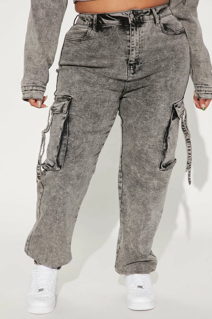 Fashion Nova Matching Separates What A Sight Cargo Denim Joggers - Acid Wash Grey