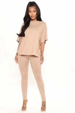 Fashion Nova Don't Get This Twisted Short Sleeve Pant Set - Mocha Legging Sets