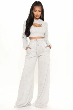 Fashion Nova Get Over It 3 Piece Pant Set - Heather Grey Wide Leg Sets
