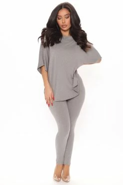 Fashion Nova Don't Get This Twisted Short Sleeve Pant Set - Heather Grey Legging Sets