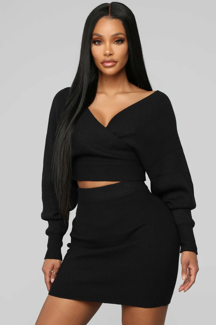 Fashion Nova Cuddle Me Now Skirt Set - Black