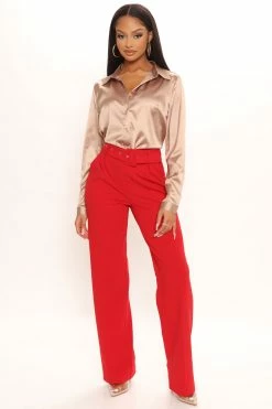 Fashion Nova Celine Belted Wide Leg Pant - Red Matching Separates