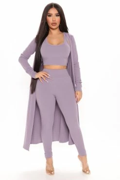 Fashion Nova Legging Sets Movin' On Ribbed 3 Piece Legging Set - Purple
