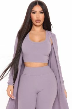 Fashion Nova Legging Sets Movin' On Ribbed 3 Piece Legging Set - Purple