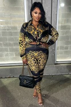 Fashion Nova Ada Pant Set - Black/Gold Legging Sets