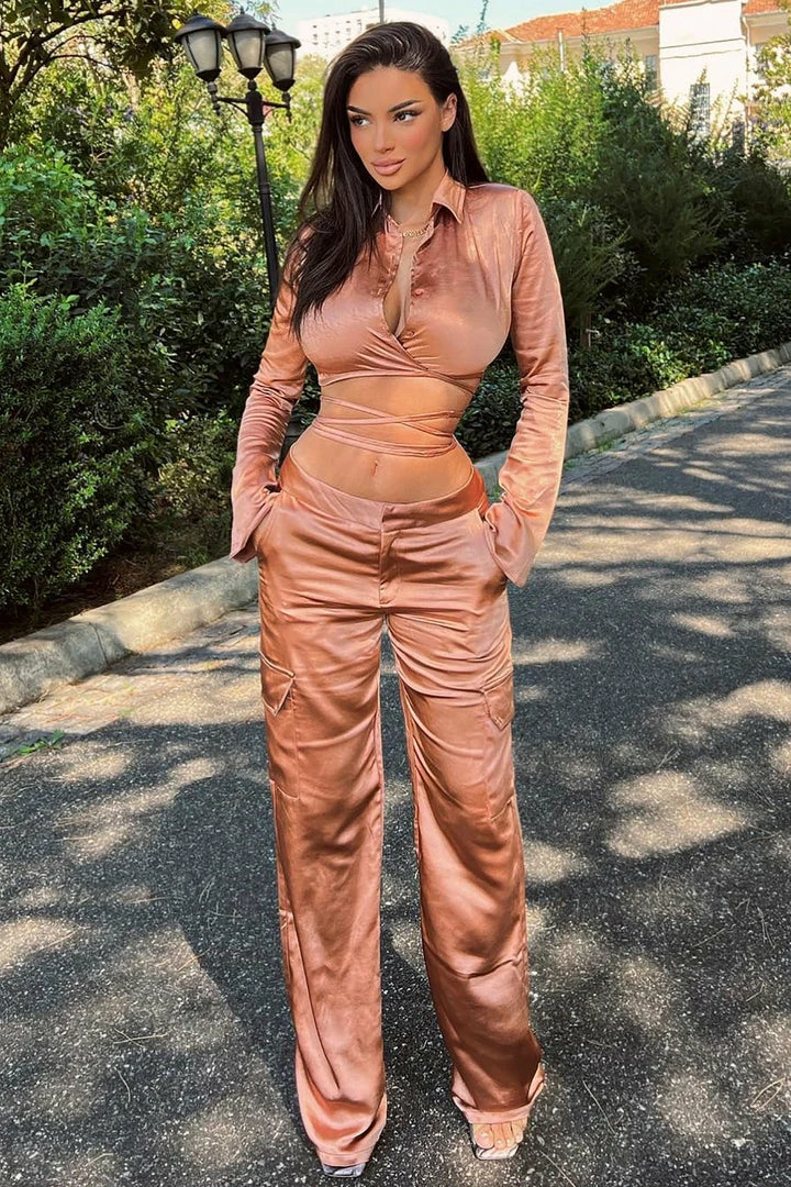 Fashion Nova Allison Satin Pant Set - Rust