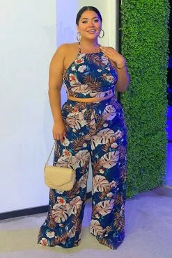 Fashion Nova Charlize Tropical Pant Set - Navy/combo