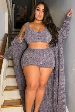 Fashion Nova Cozy Living 3 Piece Short Set - Charcoal Sweater Sets