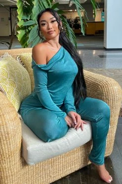 Fashion Nova Kaylie Slinky Pant Set 28.5 - Teal Legging Sets