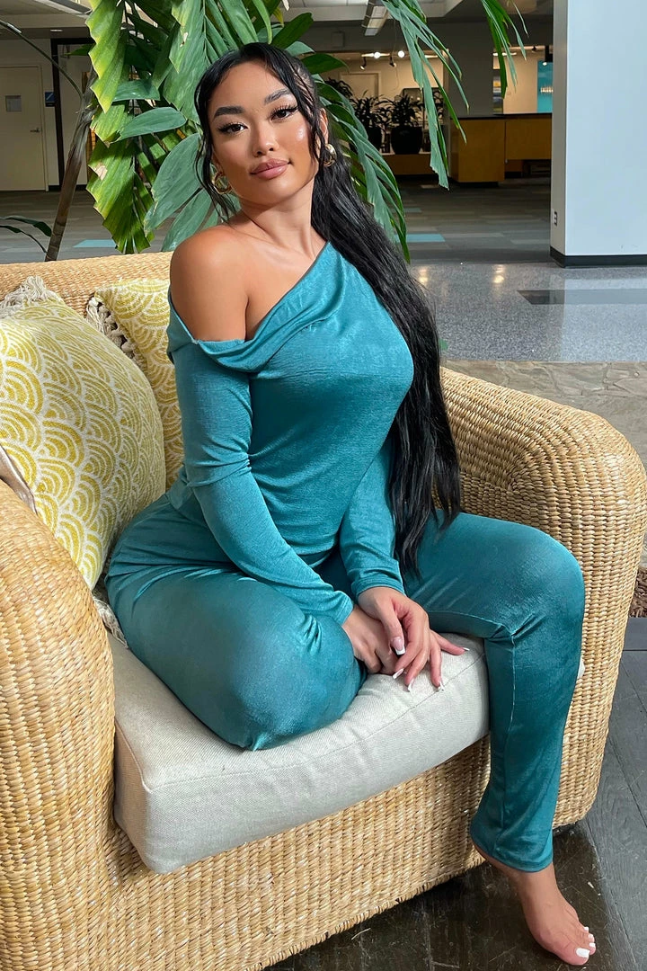Fashion Nova Kaylie Slinky Pant Set 28.5 - Teal Legging Sets