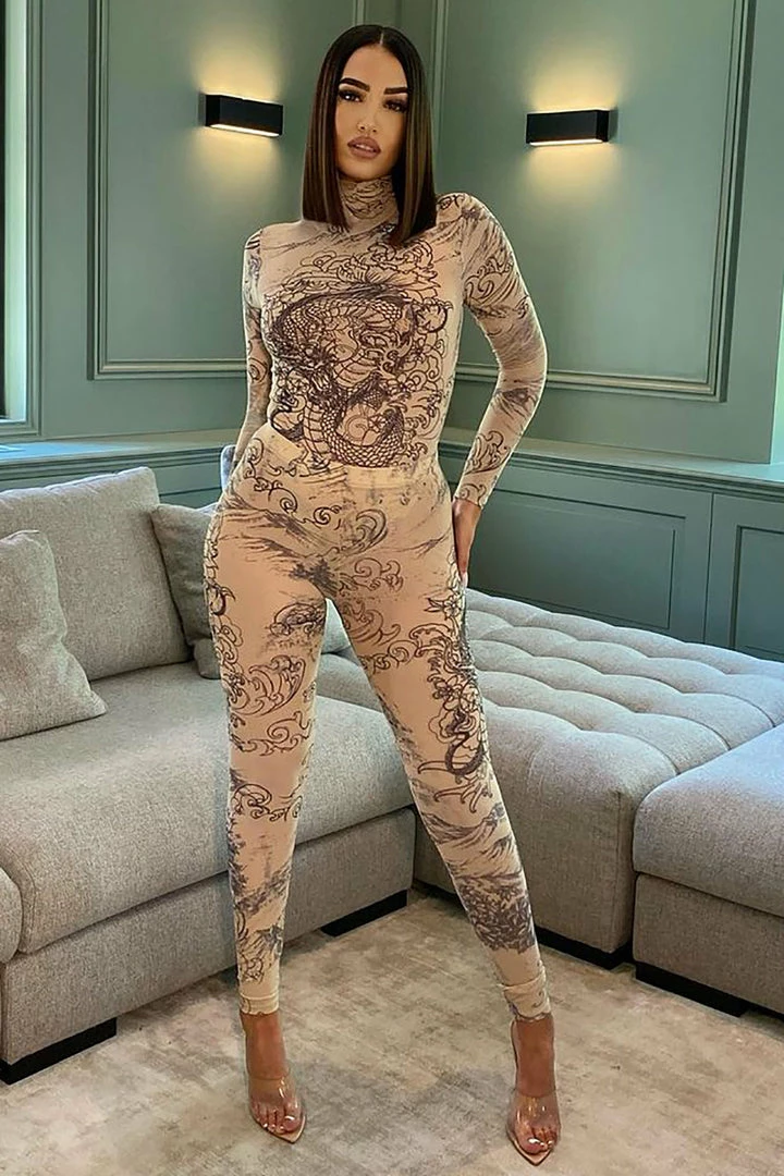 Fashion Nova Light My Fire Mesh Matching Set - Beige