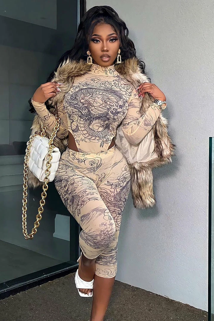 Fashion Nova Light My Fire Mesh Matching Set - Beige