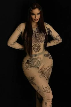 Fashion Nova Like A Tattoo Mesh Legging Set - Nude/combo