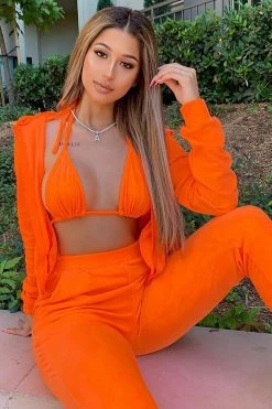 Fashion Nova Make It Fashion Velour Jogger Set - Neon Orange Sweatshirt Sets