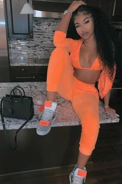 Fashion Nova Make It Fashion Velour Jogger Set - Neon Orange Sweatshirt Sets