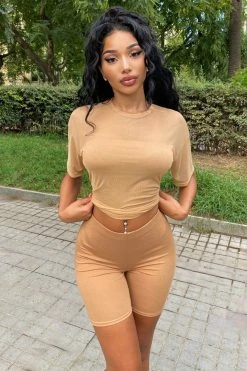 Fashion Nova Biker Short Sets Nice And Clear 3 Piece Biker Short Set - Mocha