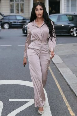 Fashion Nova Office Favorite Satin Pant Set - Taupe Wide Leg Sets