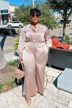 Fashion Nova Office Favorite Satin Pant Set - Taupe Wide Leg Sets
