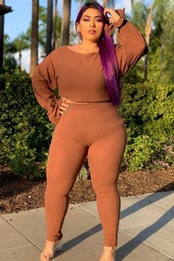 Fashion Nova Rest Up Ribbed Legging Set - Brown