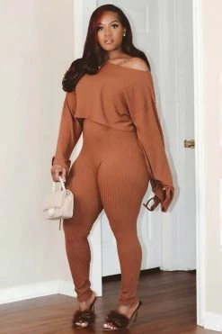 Fashion Nova Rest Up Ribbed Legging Set - Brown