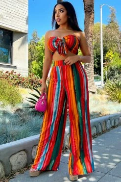 Fashion Nova Wide Leg Sets Well Wishes Striped Pant Set - Red/combo